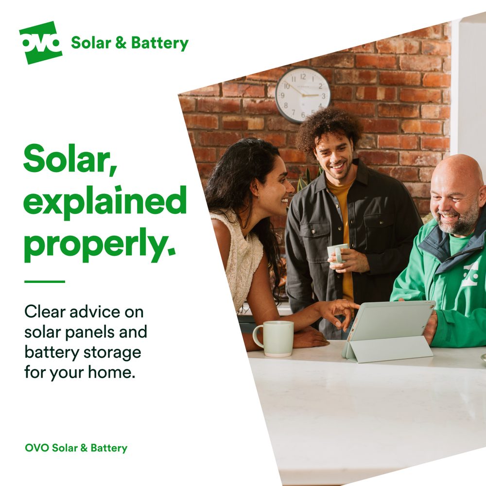 Solar, explained properly. Clear advice on solar panels and battery storage for your home, from OVO Solar and Battery