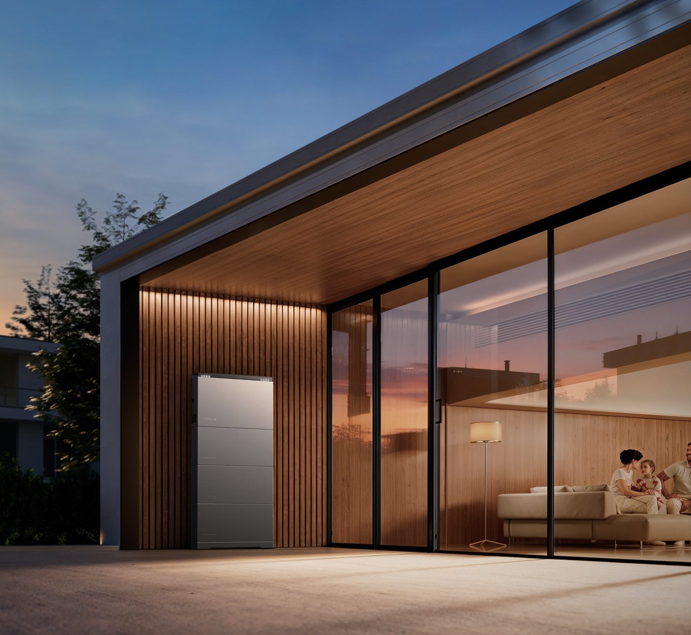 EcoFlow OCEAN 2 battery stack installed outside a modern home at dusk